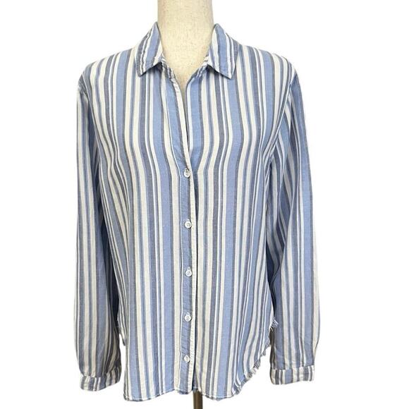 Bella Dahl Linen Blend Fringe Shirt Button Up Women’s Sz M Blue White Stripes - Picture 1 of 9